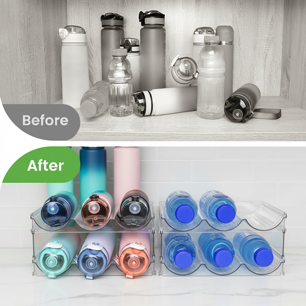 Water Bottle Organizer for Cabinet, Water Bottle Storage Organizer, 2 Packs Water Bottle Storage Rack, Water Bottle Holder for Cabinet, Stackable Water Bottle Storage Rack