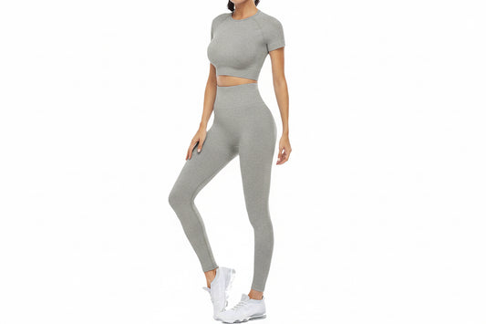2 Piece Short Sleeve Outfits for Women Seamless Crop Tops Set for Women Workout Set